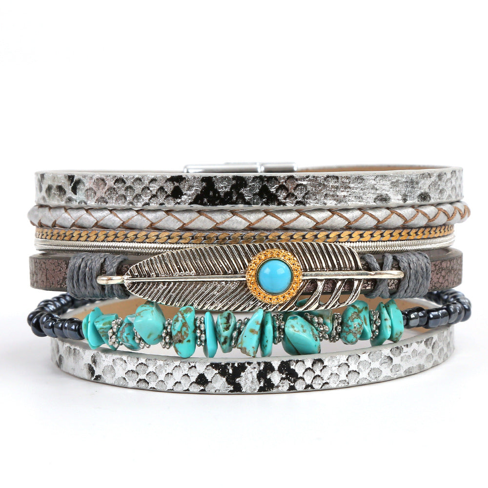 Wholesale Retro Ethnic Style Woven Turquoise Multi-layer Bohemian Magnet Buckle Feather Bracelet